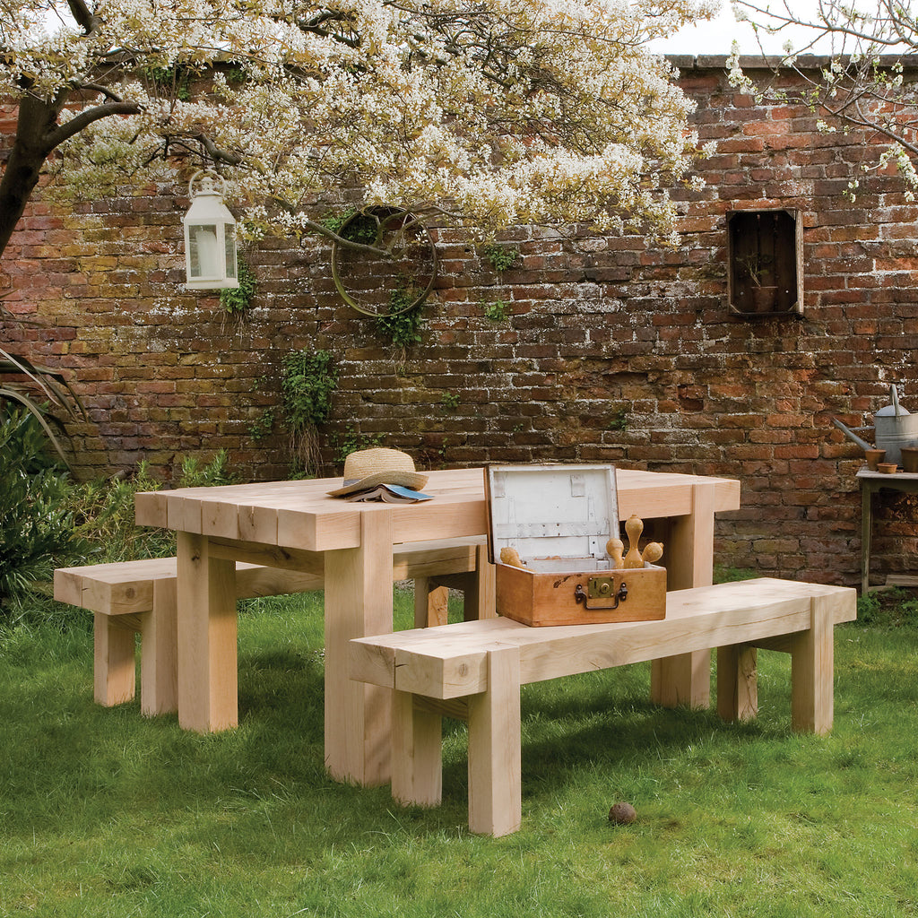 Oak Beam Outdoor Table and Benches Set Willen Rose