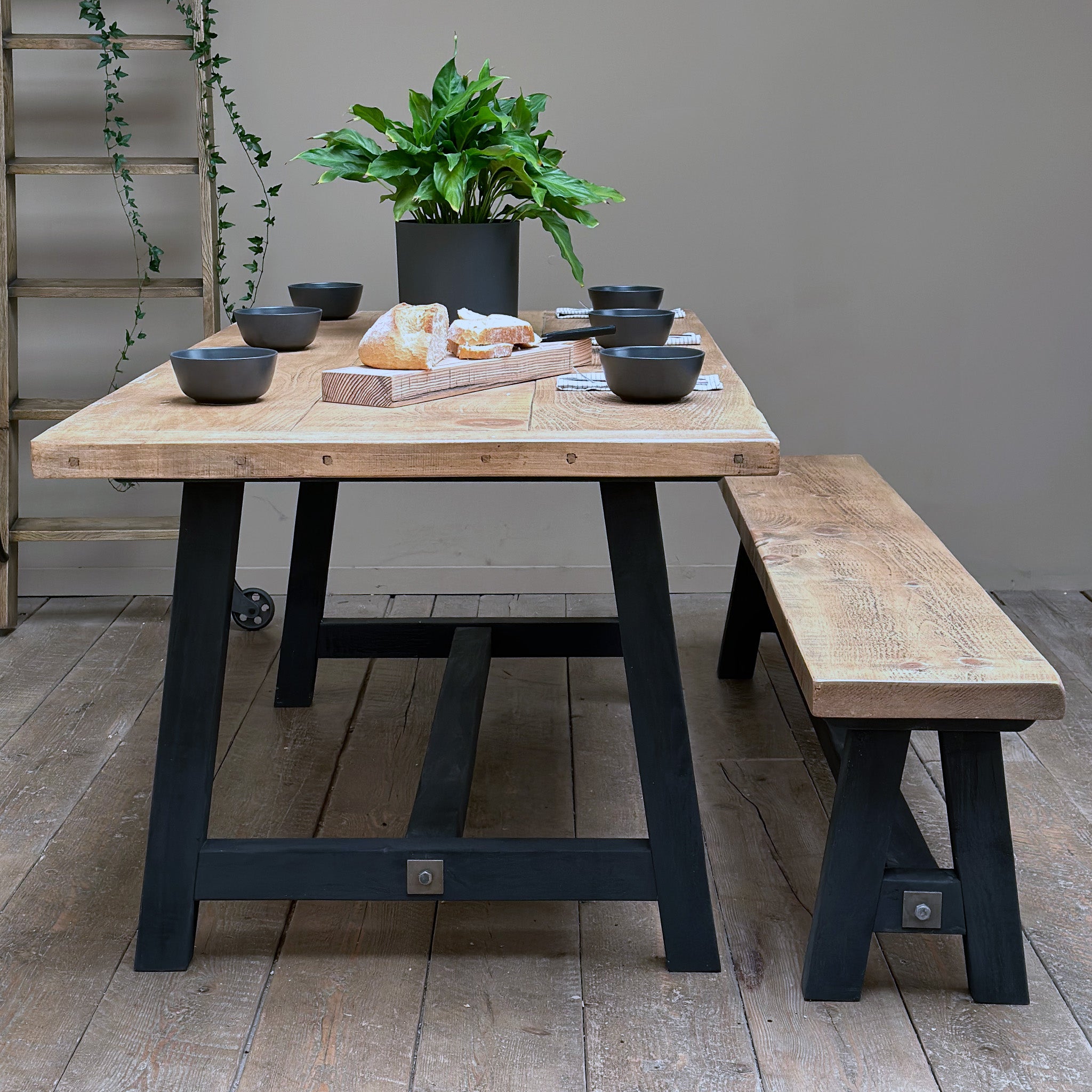 Trestle Dining Table Solid Wood with Rustic Weathered Finish and